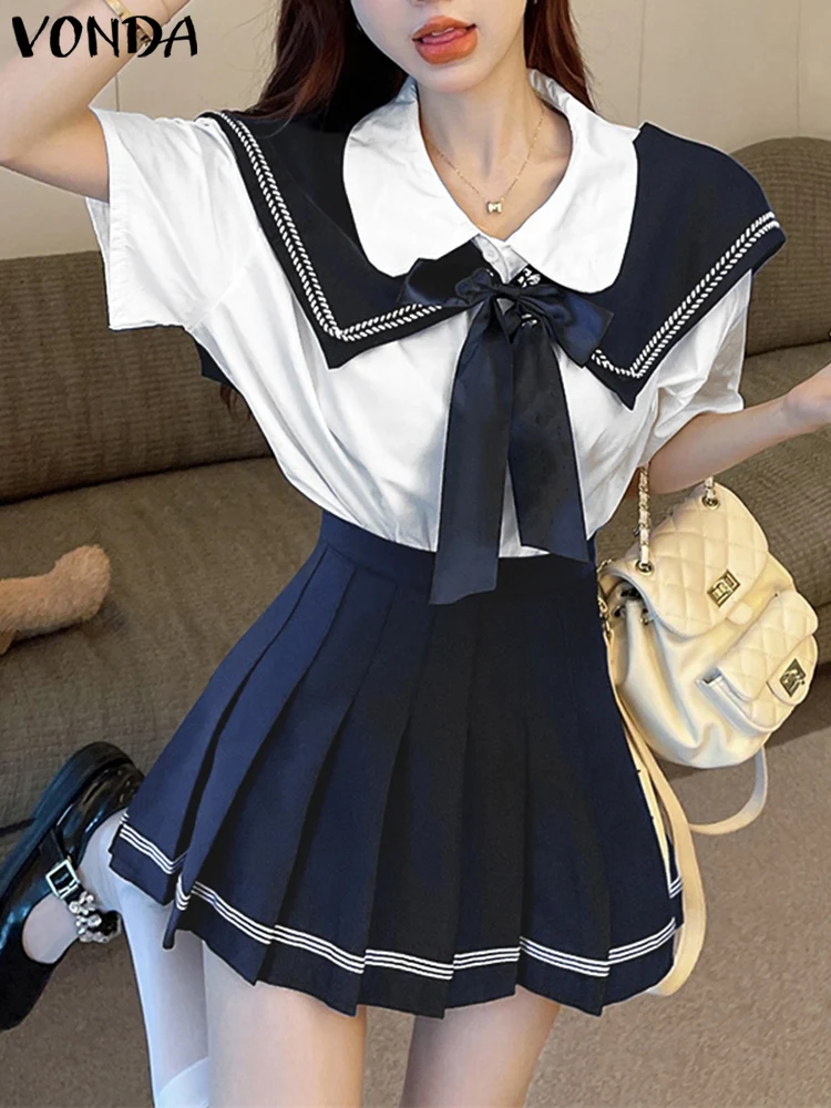 

Women Skirts Sets Turn-down Collar Outfits 2025 VONDA Female Casual Loose Top Elastic Waist Skrits Matching Sets Two-piece Sets