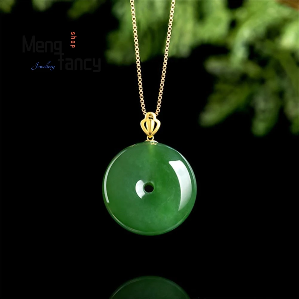 

Old Material Spinach Green Hetian Jade Jasper Peace Button 18K Gold Inlaid Natural Pendant High-grade Fashion Luxury Jewelry