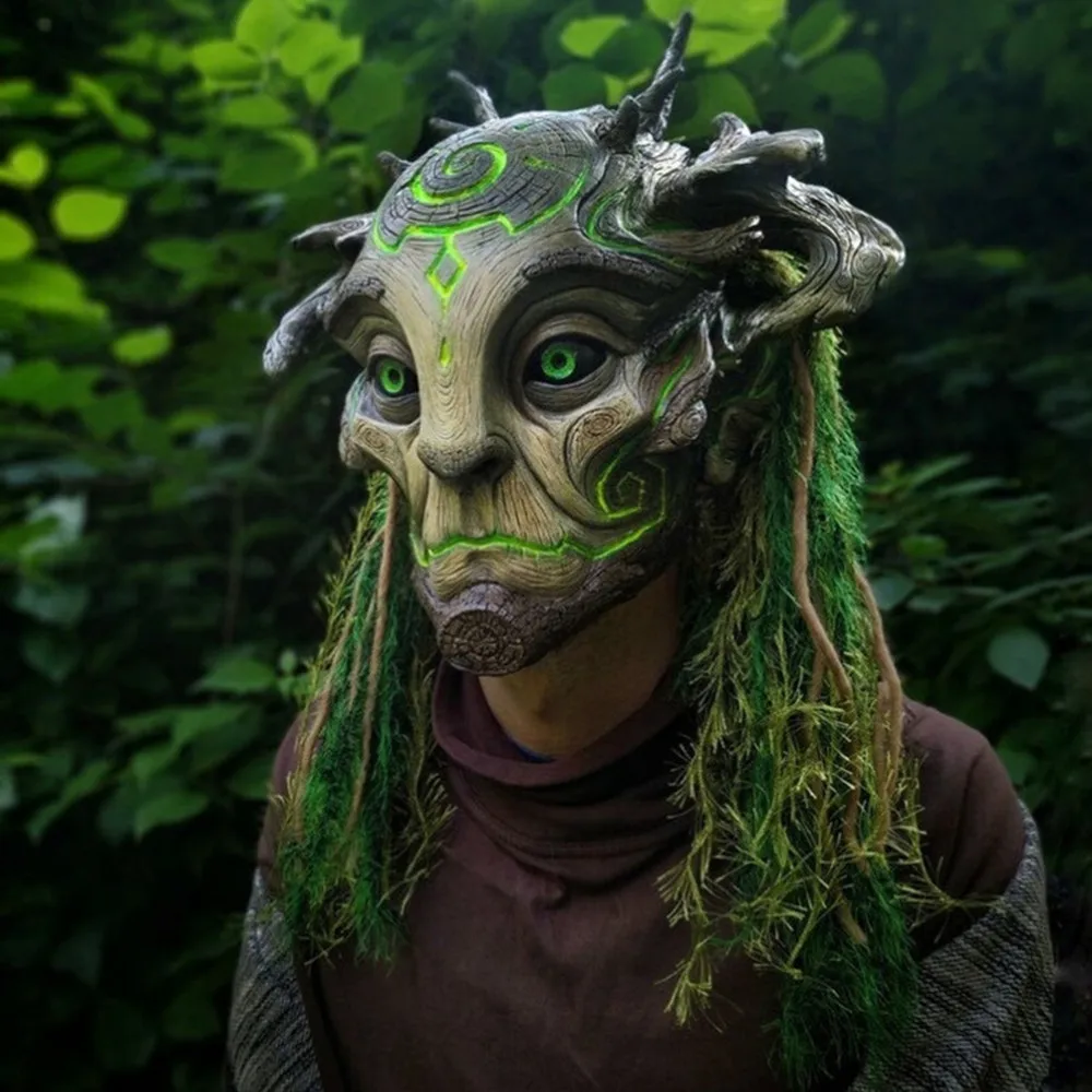 Geisterelfen-Waldmaske mit Kopfschmuck, Realistische Latex-Maskerade-Maske für Halloween-Cosplay-Kostüme und Party-Requisiten, Die Augen Leuchten Auf – Detail 1
