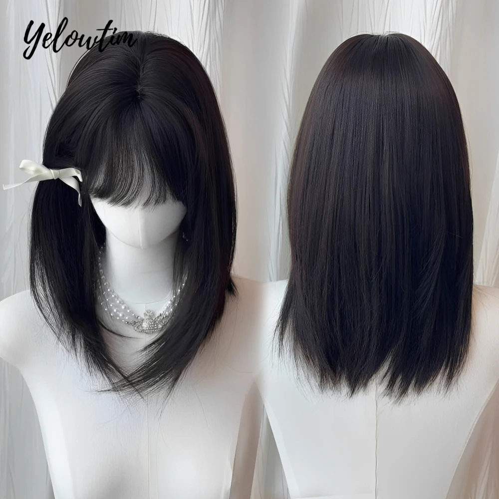 

Synthetic Straight Wigs with Black Brown Bangs High Density Natural Fake Hair Wig Daily Cosplay Party Wigs for Women LM