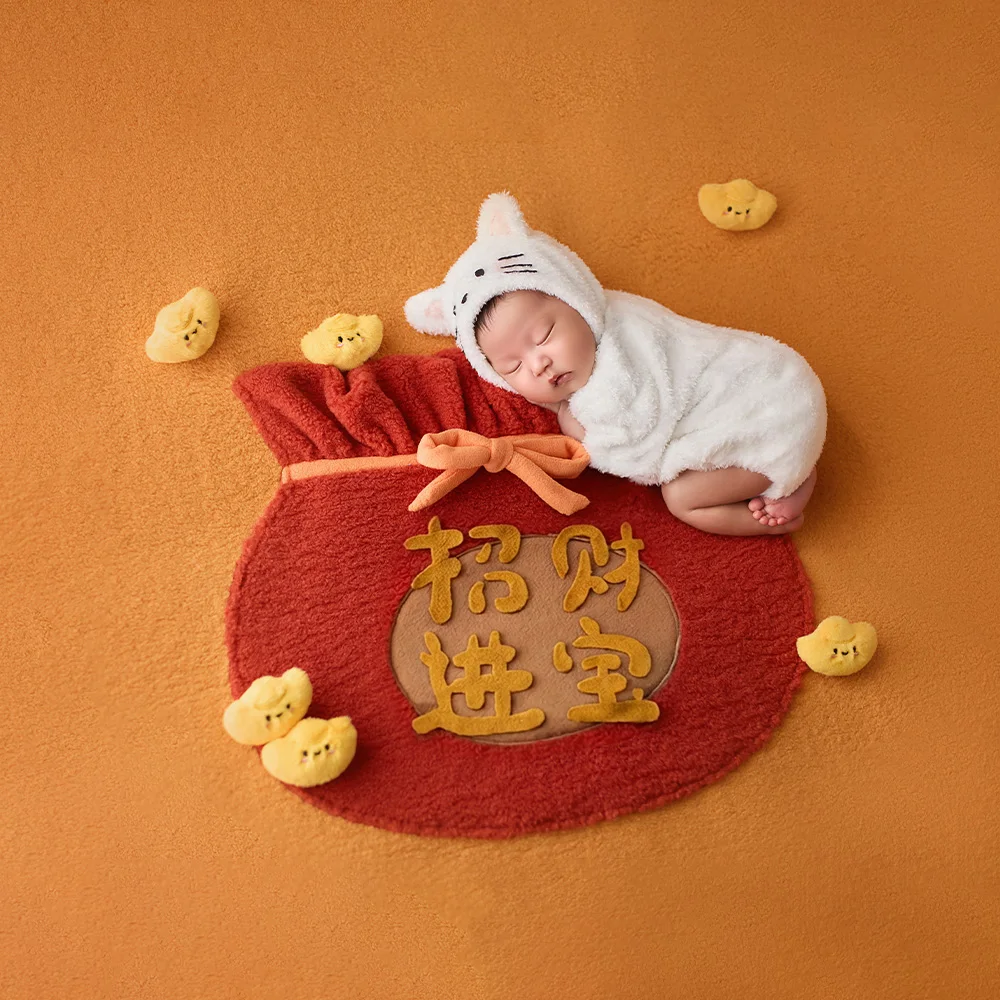 Lucky Theme Newborn Photography Props Plush Cat Baby Costumes Photo Background with Red Fortune Bag Pocket Studio Shoot Supplies
