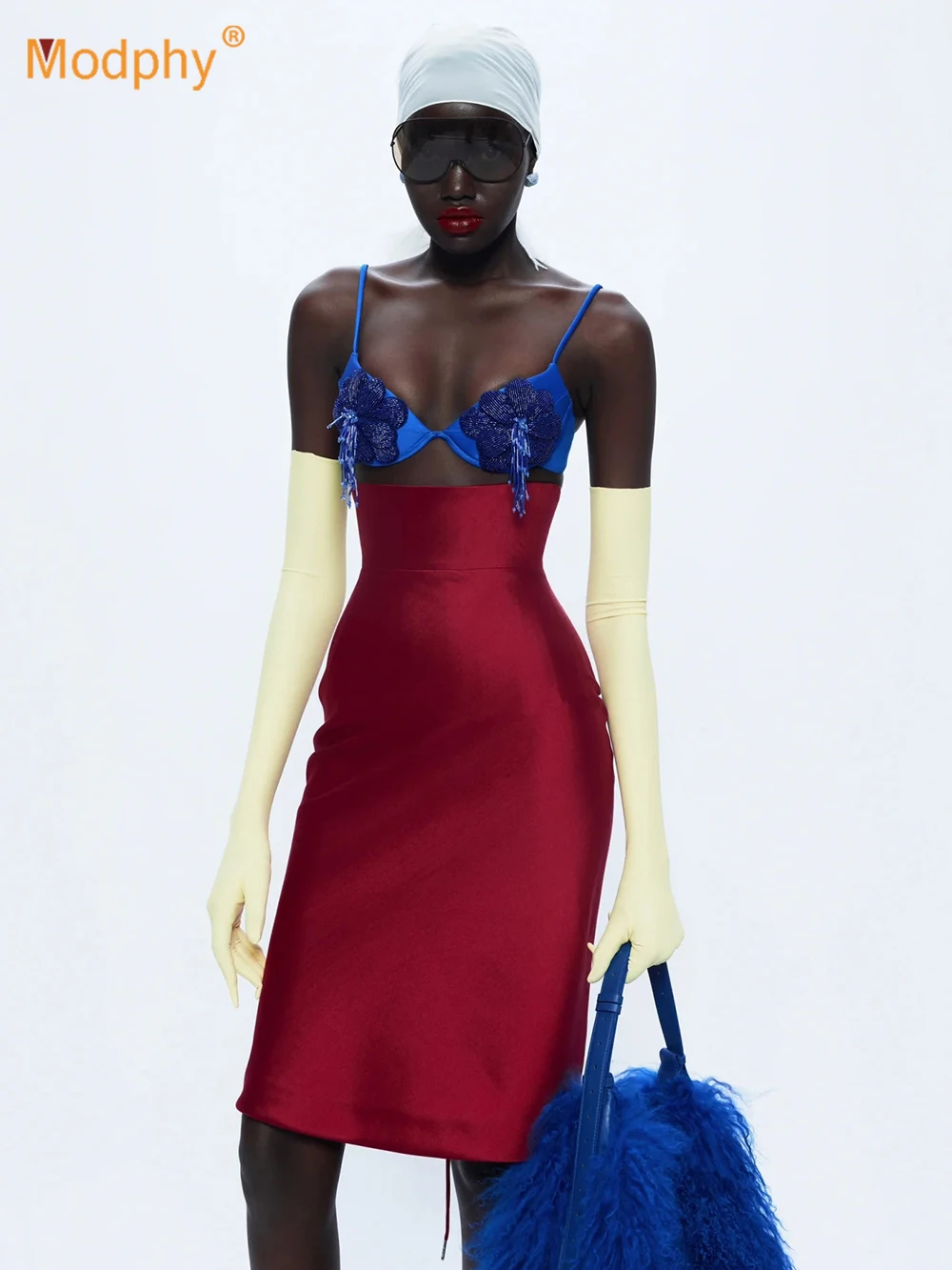 

Modphy Women Corset Skirt Two Piece Set Sexy Beading Crop Top + Lace-Up Midi Slim Skirts Suits Evening Party Cocktail Outfit