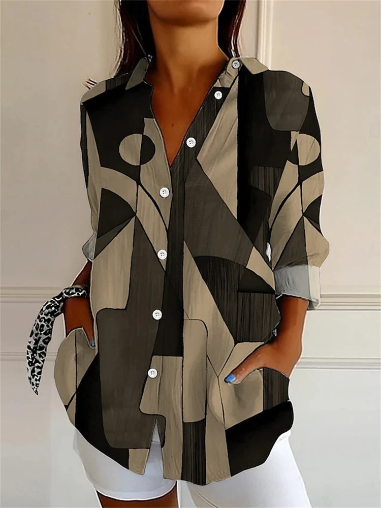Fall Women's Shirts Geometric Patterns Abstract Prints Retro-Style Long-Sleeve Collared Shirts Workwear Button-Down Tops