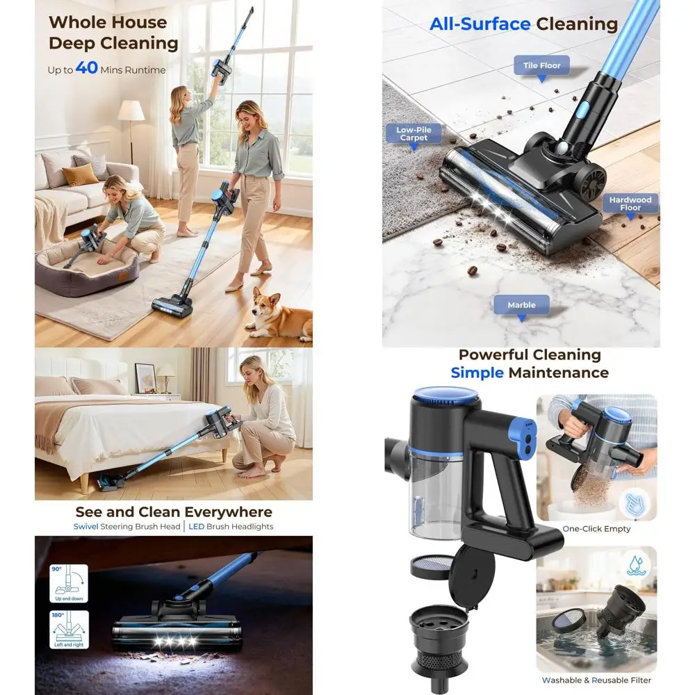 

Cordless Lightweight Vacuum Cleaner with Strong Suction, 2200mAh Battery, 40 Mins Use, Self-Standing, for Hardwood Floors and Pe