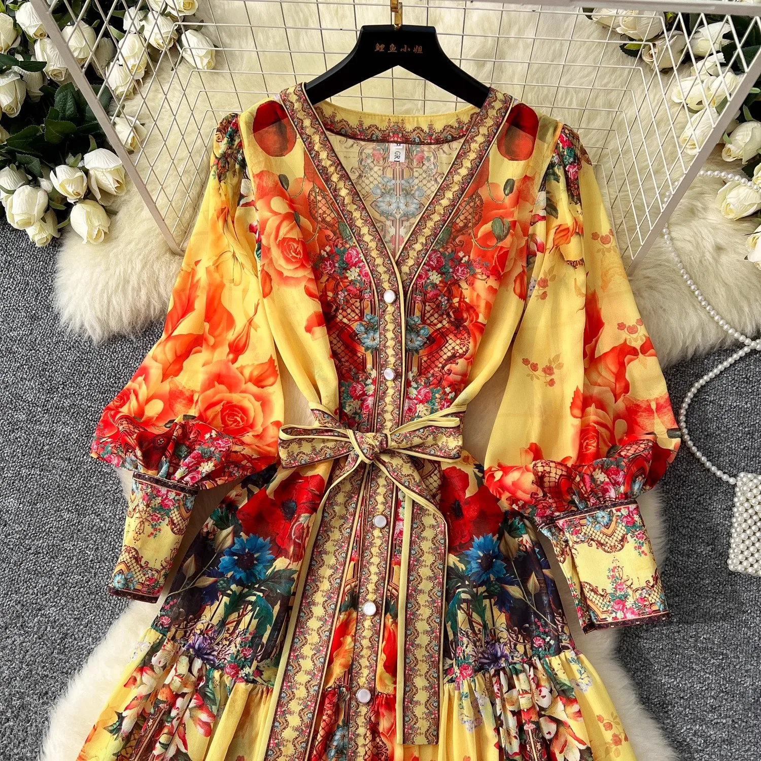 Boêmio floral chiffon vestidos de verão para as mulheres 2025 pista com decote em v manga longa lanterna faixas praia férias vestidos boho robe