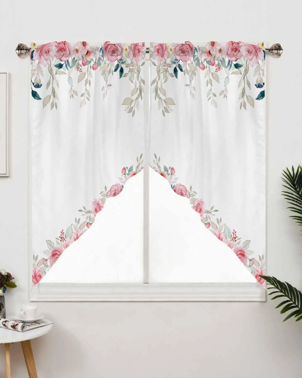 Watercolor Rose Floral with Leaves Rod Pocket Kitchen Valance Curtains Scalloped Swag Curtains for Living Room Bathroom Window