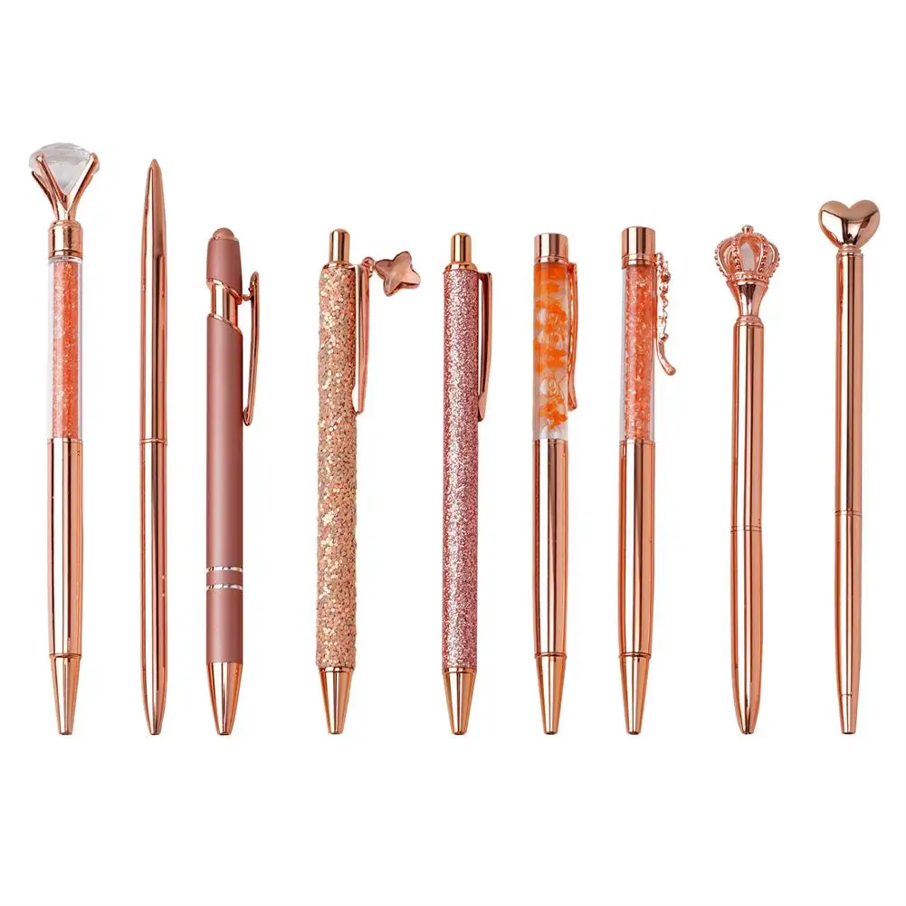 Rose Gold Metal Ballpoint Pen Set para Mulheres, Crystal Diamond Pen, Tinta Preta, Office Glitter Pen, Casamento Sup, Y6W5, 9Pcs