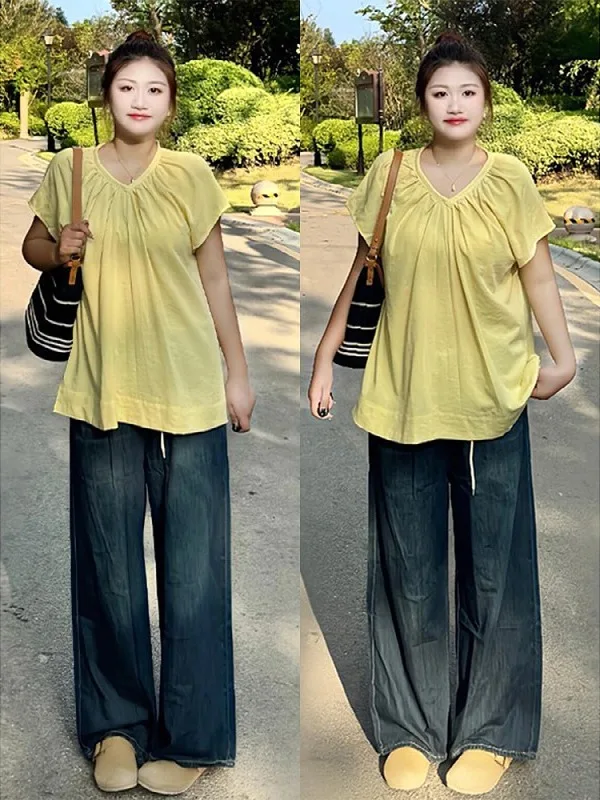 

Chic Yellow V-Neck Short Sleeve T-Shirt plus Size Korean Style Women's Fashion Top Comfortable Loose Fit Summer Tee