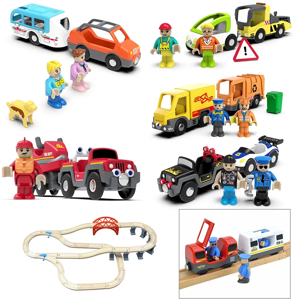 

Wooden Train Track Car Accessories Magnetic Fire Truck Ambulance Police Car Fit For Wooden Train Splice Track Railway Toy Bricks