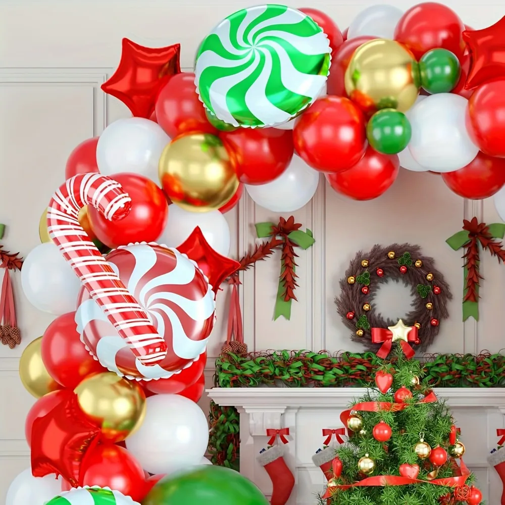 111PCS Christmas & New Year Party Balloon Set Red, Green, White & Gold Latex with Candy Bars, Stars & Gift Box Foil Balloons