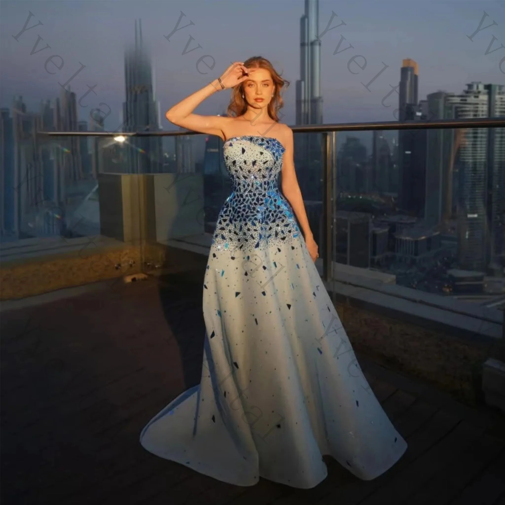 Customized Women Light Blue Strapless A-Line Evening Gown Sequin Beaded Bodice Gradient Skirt Sweep Train Formal Dress for Party