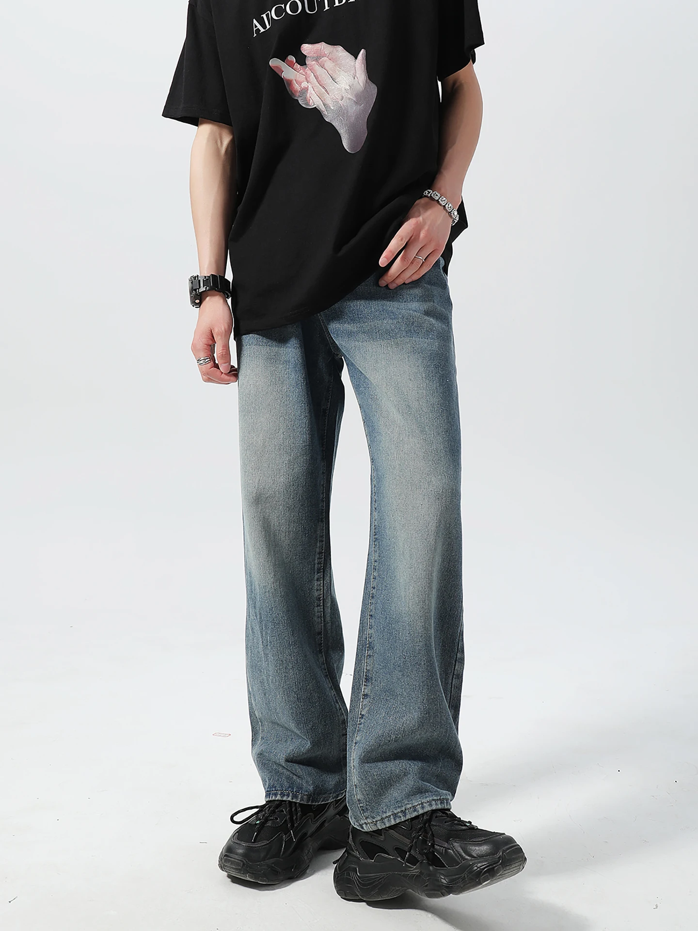 

Boyue American Sle Casual Straight Leg Jeans Youthful Vintage Wide Leg Pants Men's Loose Fit Versatile Denim Trousers