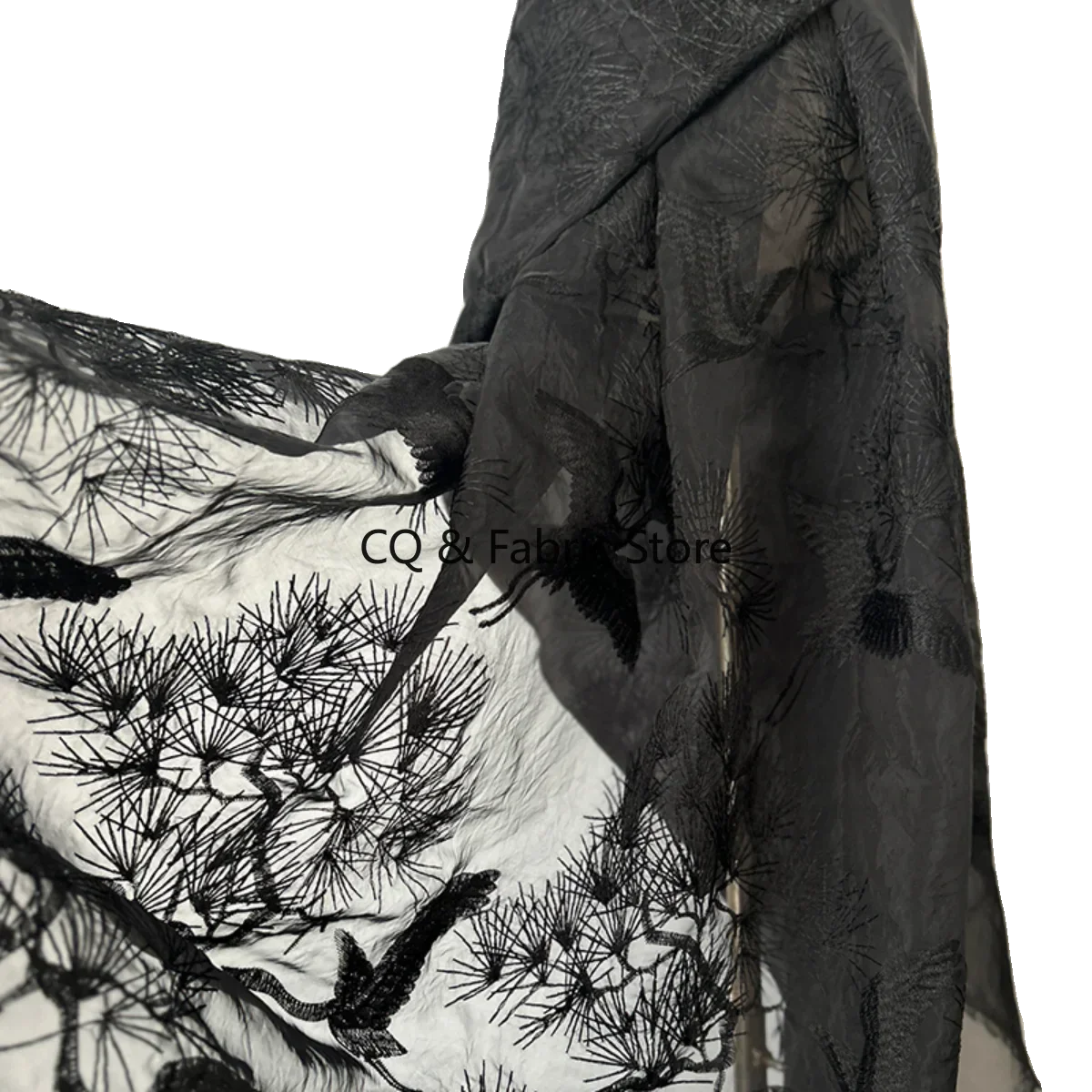 High-Quality Embroidered Organza Fabric with Chinese-style Pine Crane Pattern for Wedding and Evening Dress Designers By Yard