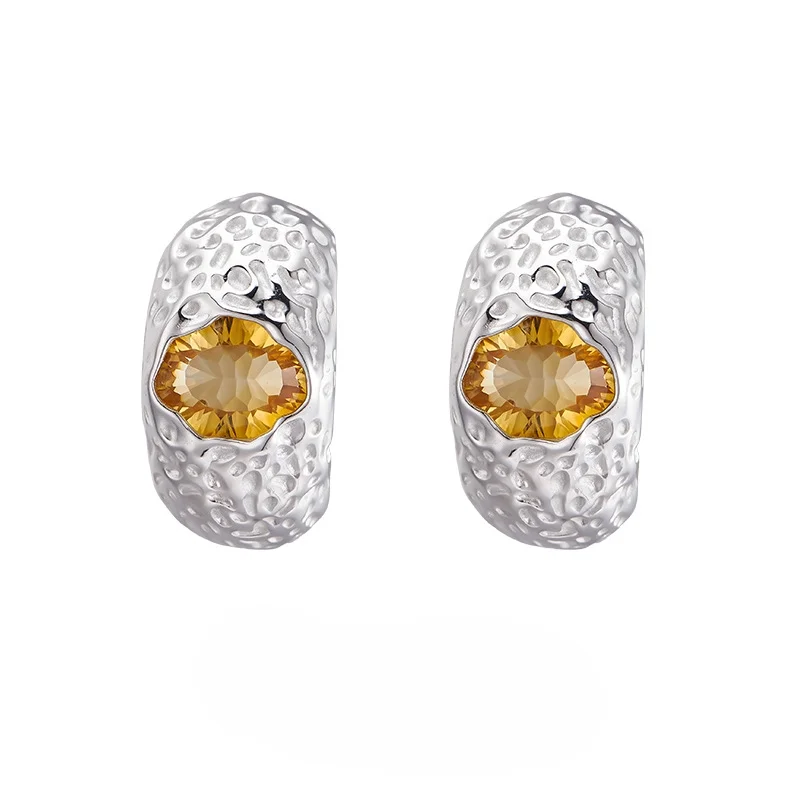 

925 Sterling Silver Stud Earrings for Women - High-End C-Shaped Design with Natural Citrine, Light Luxury Jewelry Gift