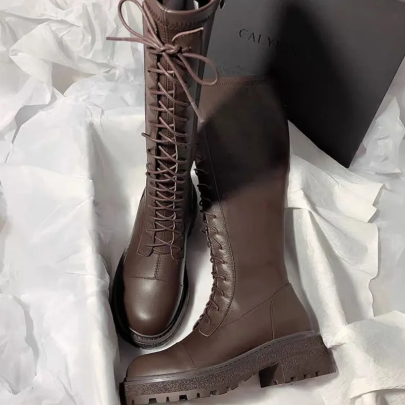 Vintage Solid Color Round Toe Casual Knee High Boots for Women 2026 New Lace Up Design Simple Style Side Zipper Women's Boots