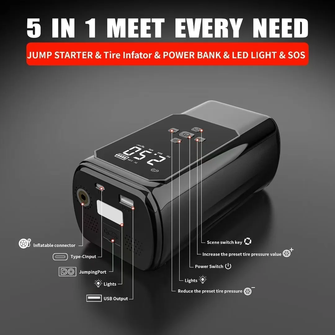 

Car Emergency Jump Starter with Built-in Air Compressor Battery Starter Ignition Tool