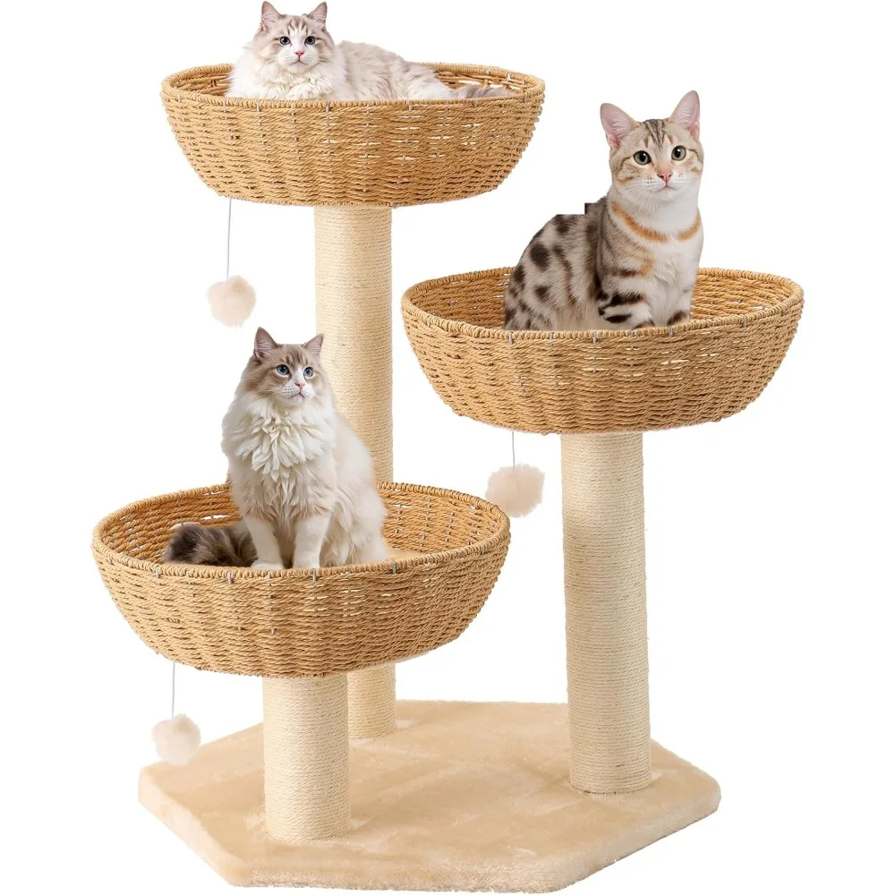 

Modern Rattan Cat Tree House Condo Climbing Tower with Scratching Post for Indoor Large Adult Cat