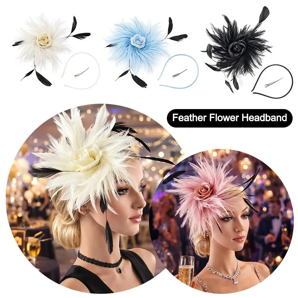 

Retro Dual-purpose Feather Flower Headband Hair Clip Colorful Lady Fascinators Flower Headpieces Wedding