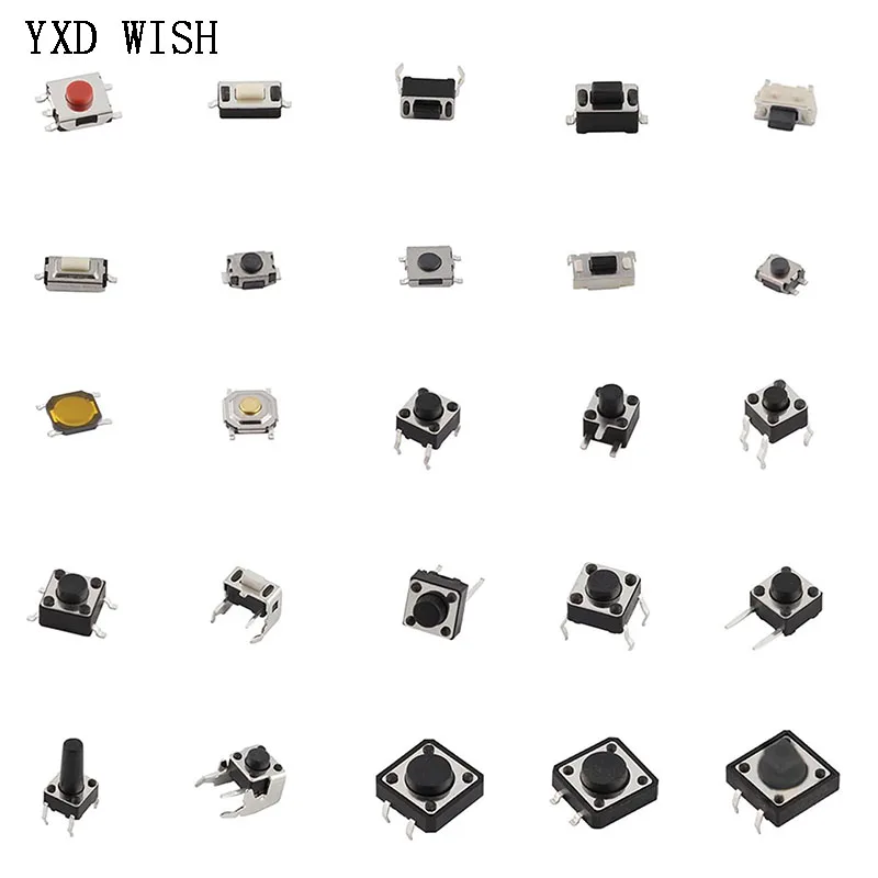 125pcs 25 Types Micro Switch Push Button Tact Touch Switches SMD DIP Reset Mini Leaf Switch 2*4 3*6 4*4 6*6 Diy Assorted Kit