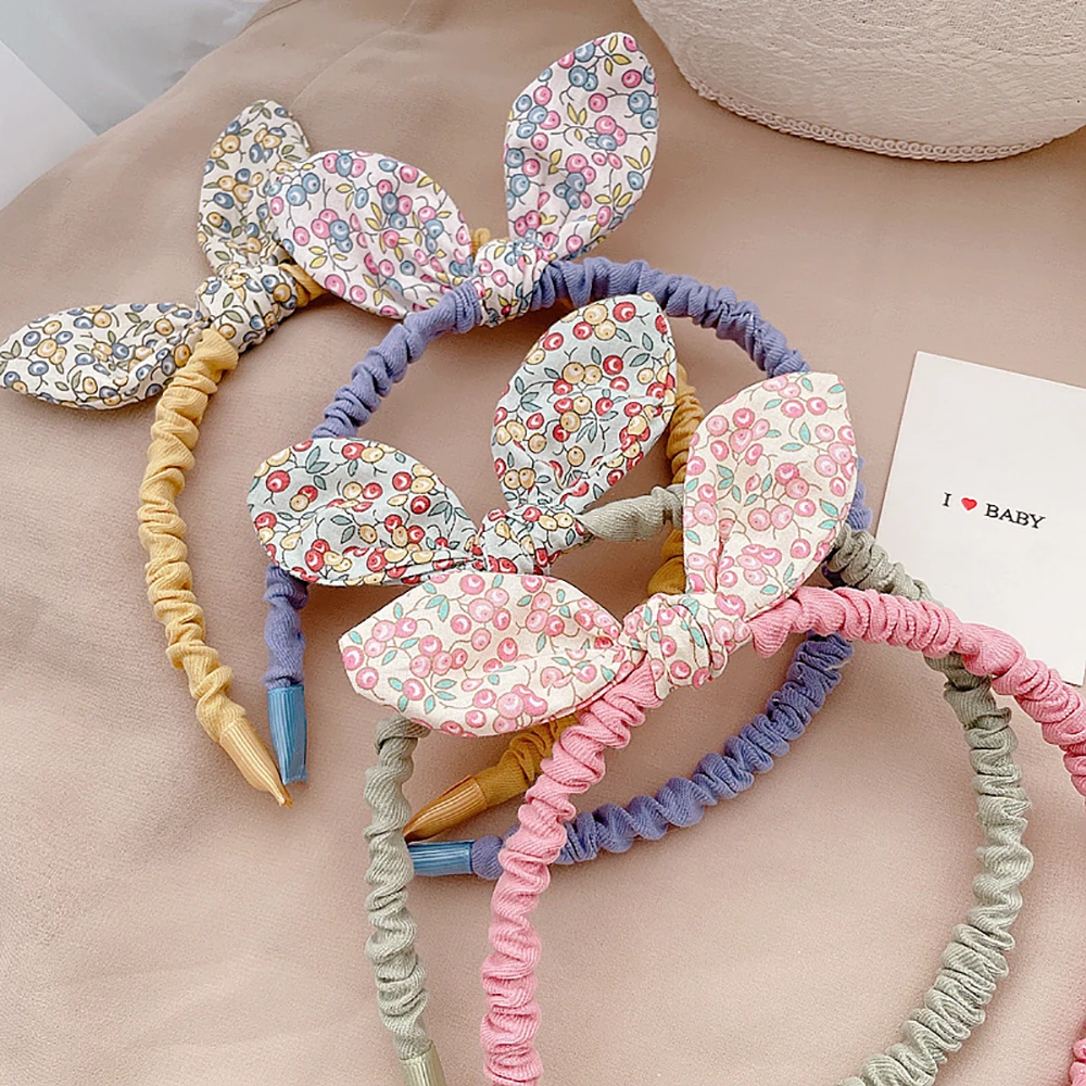 Retro สาวกระต่ายหูผ้าอุปกรณ์เสริมผมดอกไม้พิมพ์ Hairband Bowknot ผม Hoops