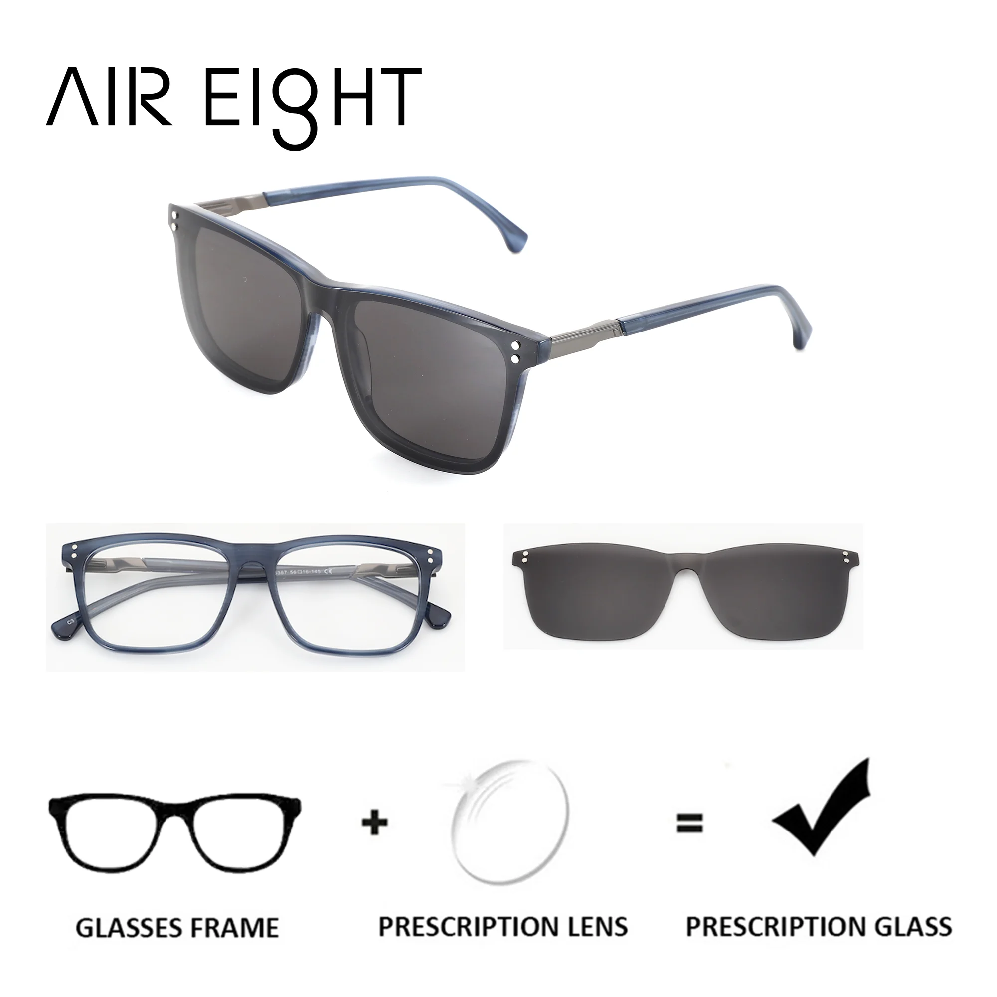 AIREIGHT (M Size) Men's Square Acetate Clip on Prescription Glasses Anti Blue Light Myopia Graduated Lenses Photochromic Eyewear