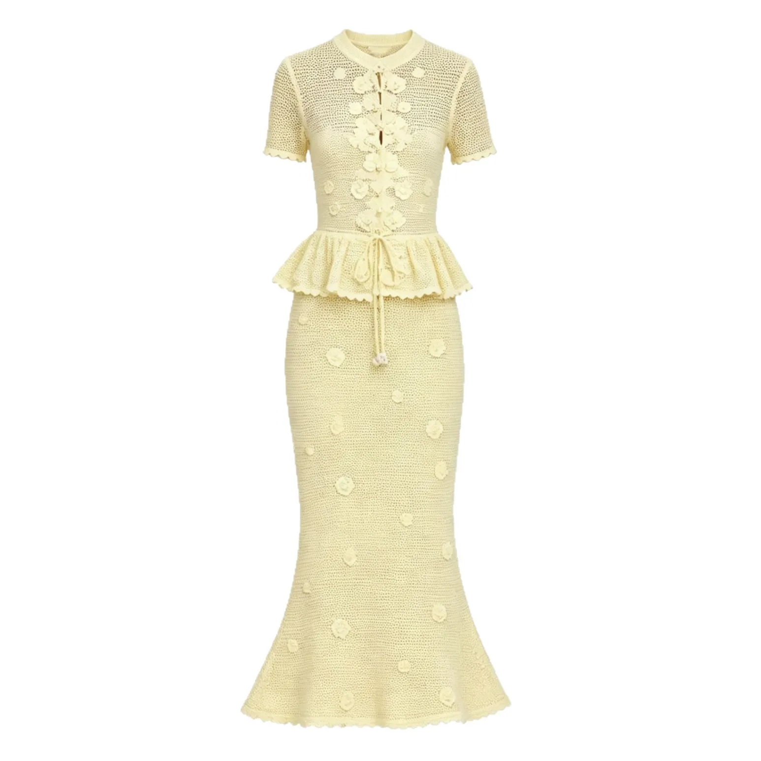 Summer Elegant Style Three-Dimensional Flower Knitted Dress - A Tight-Sleeved Openwork Plaid Long Dress for Slimming Waist