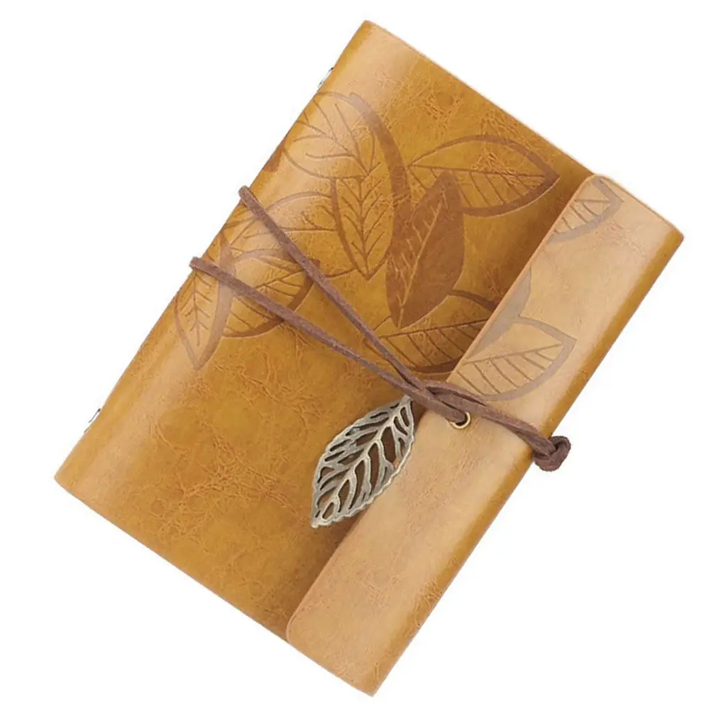 Vintage Style Leaf Leaves Pattern PU Cover Notebook S Yellow Loose-Leaf String Bound Travel Journal Diary Blank Notebook Journal