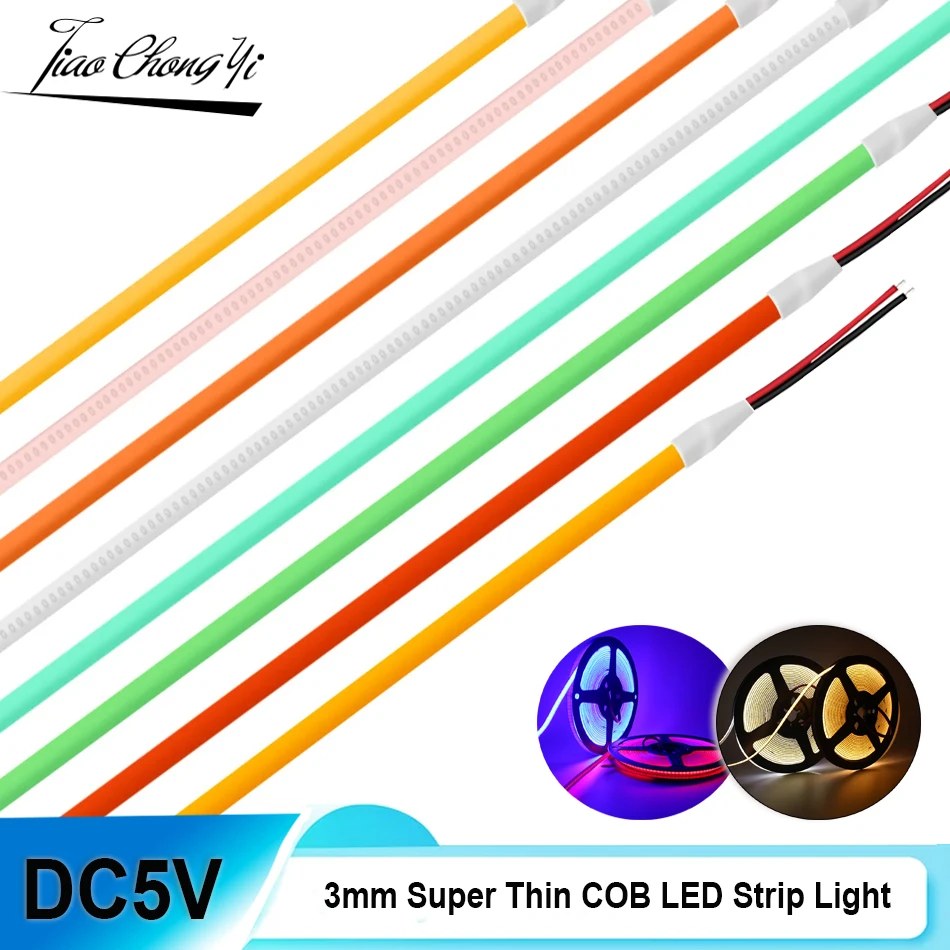 DC5V 3mm Super Thin COB LED light strip 400leds/m For Toy DIY Decor  Cool White Pink Yellow Green Blue Flexible Tape Lights Red
