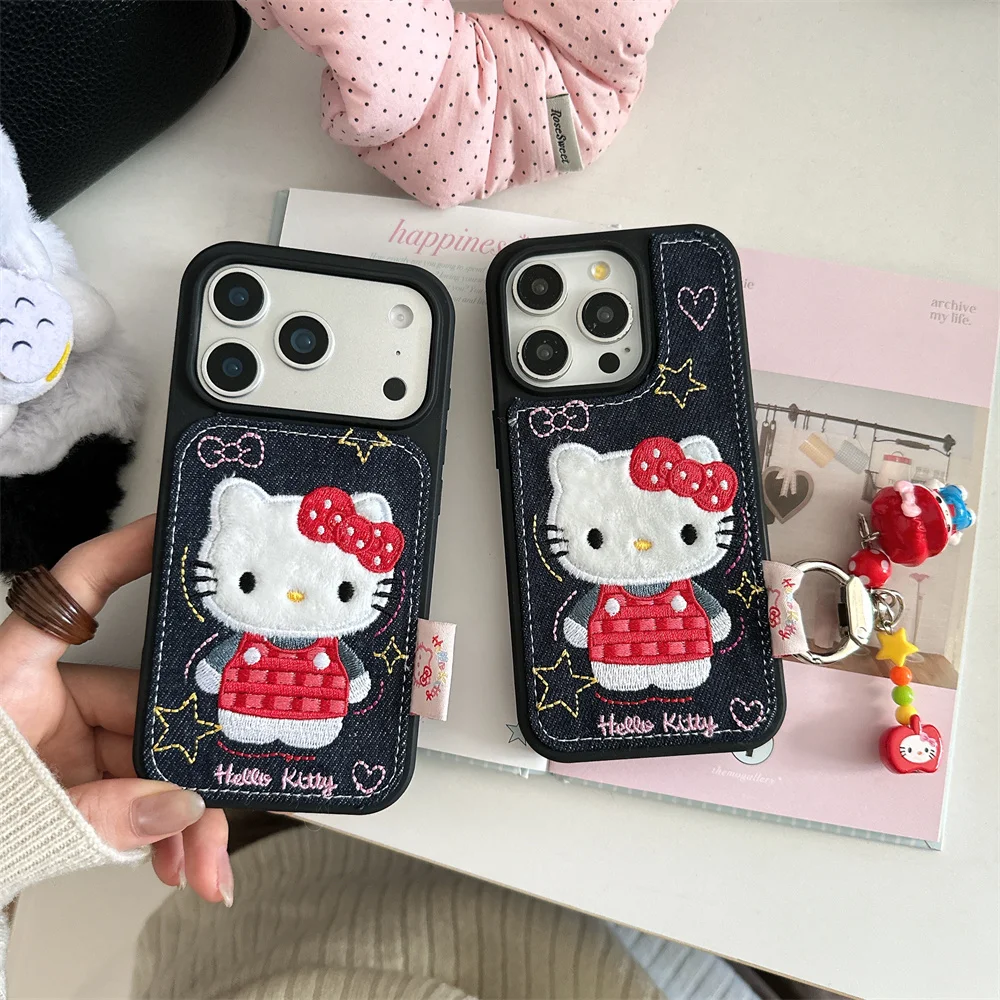 

Korean INS Denim Embroidered Hellokitty Kawaii Phone Case for iPhone 13 14 15 16 17 Pro Max Fundas with Charm Protective Cover