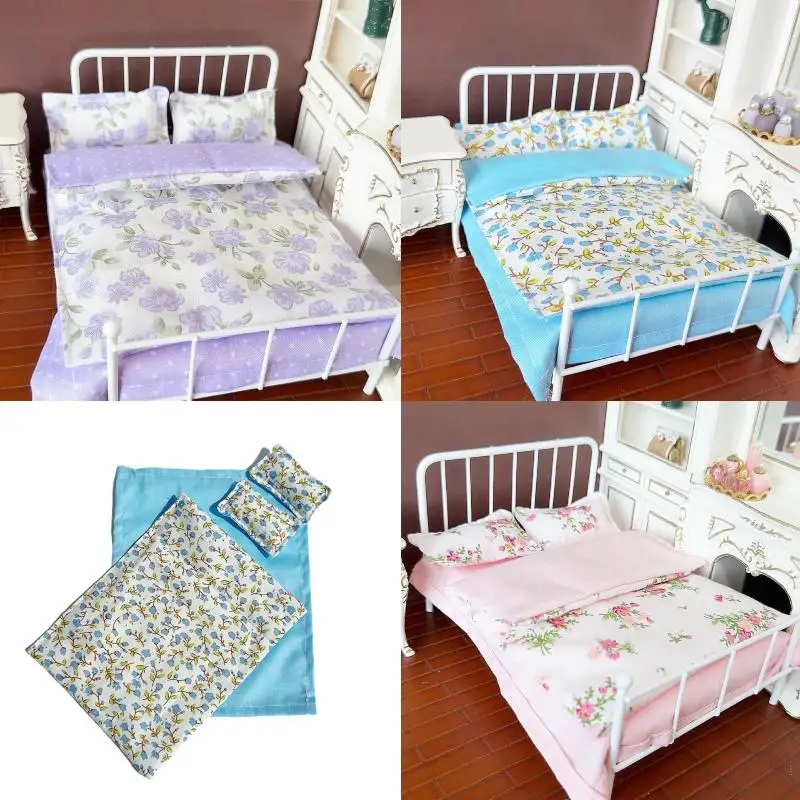 【xxx】1/12 Dollhouse Miniature Bed Four Piece Bed Set Bed Sheet Quilt Pillow Quilt Cover Bedding Set Doll Bedroom Decoration Toy