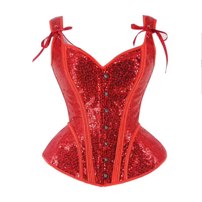 

Sexy Women Lace-Up Overbust Corsets Tops Vintage Red Straps Sequins Bustiers Gothic Body Shapewear Lingerie Korset Basques