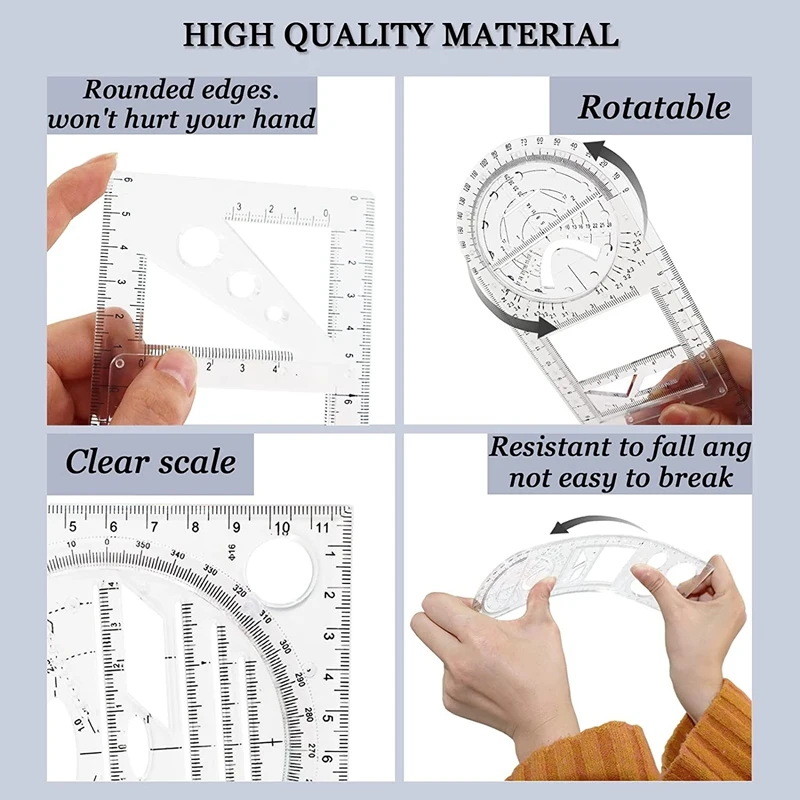 Juego de reglas geométricas multifuncionales para dibujo, herramientas de plástico para medición de matemáticas, 4 piezas