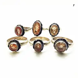 925 Silver Inlaid Strawberry Quartz Flower Rings for Lady Nepal Vintage Jewelry T9121