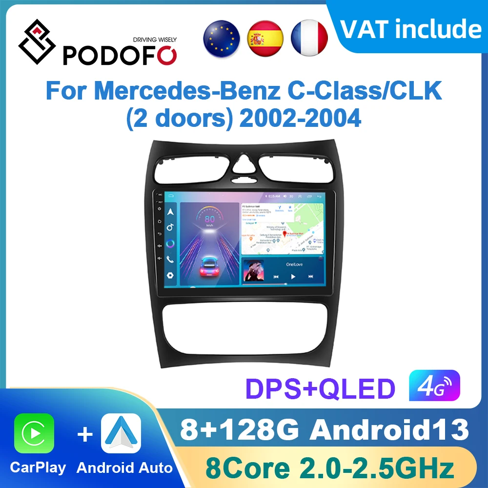 Podofo AI Voice Android Carplay Car Radio For Mercedes-Benz C-Class/CLK 2002-2004 Android Auto GPS Navigation RDS Radio