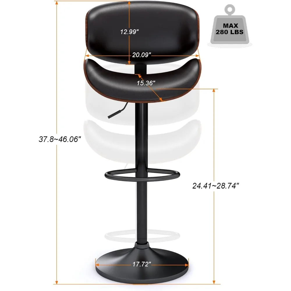 Ensemble de tabourets de bar à commotion réglables en cuir PU moderne, tabouret de bar Island avec dos, tabouret de bar de comptoir de cuisine, noir, piste de bar, 2 pièces