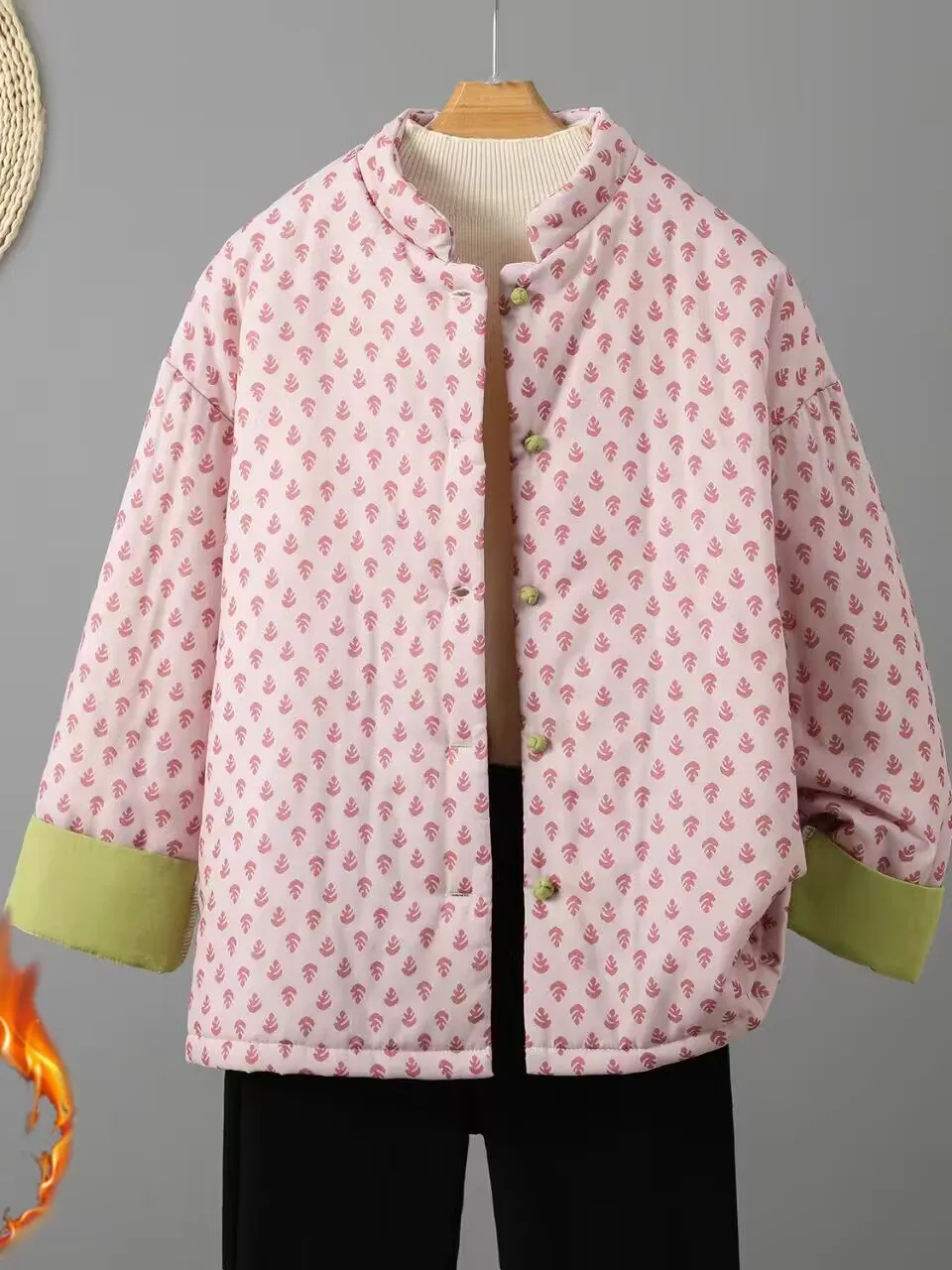 

Retro Chinese National Sle Linen Cotton Jaet Women's Winter Warm Coat Stand Collar Button up Long Sve Floral Print