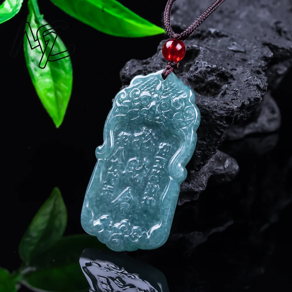 Myanmar Emerald Blue Water Jade Fortune Order Pendant Talismans Carved Amulet Vintage Charm Luxury Designer Necklace Fashion