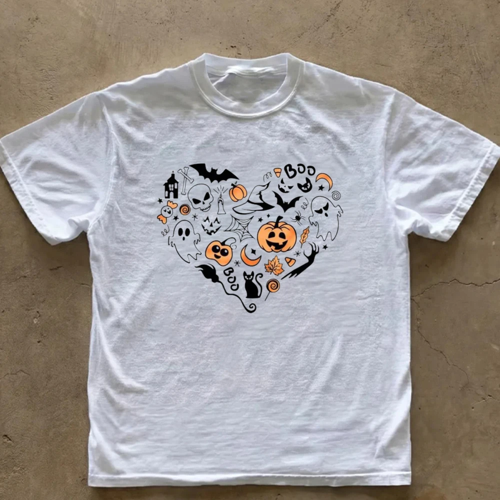 Halloween Heart Shape Doodle Collage Graphic T‑Shirt Men Women Pumpkin Ghost Bat Black Cat Witch Hat Print Tee Casual Cotton Top