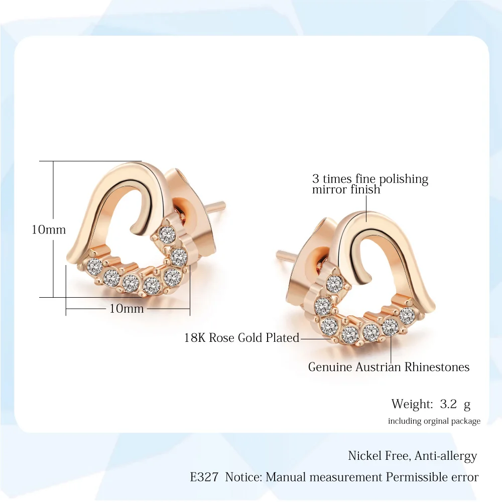 Cute Love Heart Stud Earrings for Women Hollow Crystal Zircon Rose Gold Color Ear Accessories Jewelry Valentines Gifts E327