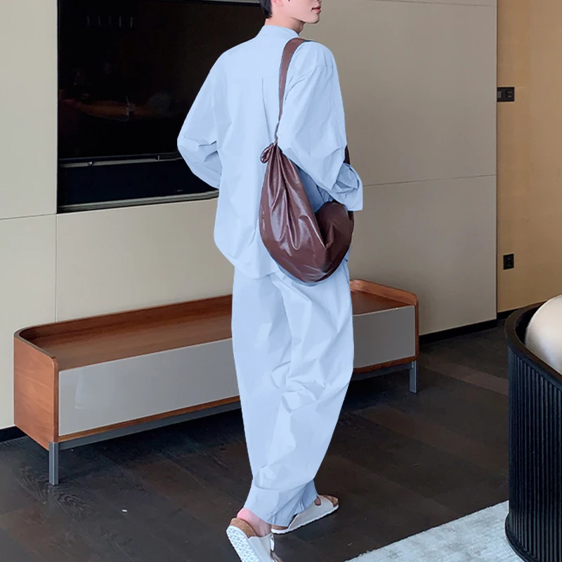 INCERUN Мужские комплекты, однотонная рубашка с длинным рукавом и брюки, комплекты из двух предметов, уличная одежда, свободные модные повседневные мужские костюмы 2025 года-5XL