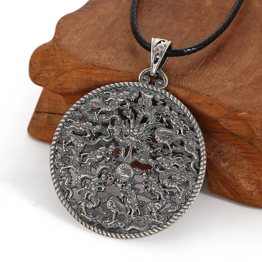 Metal Stainless Steel Circular Engraved Nine Sons Taking Their First Place Necklace Pendant Prayer Amulet Fashion Matching Chain