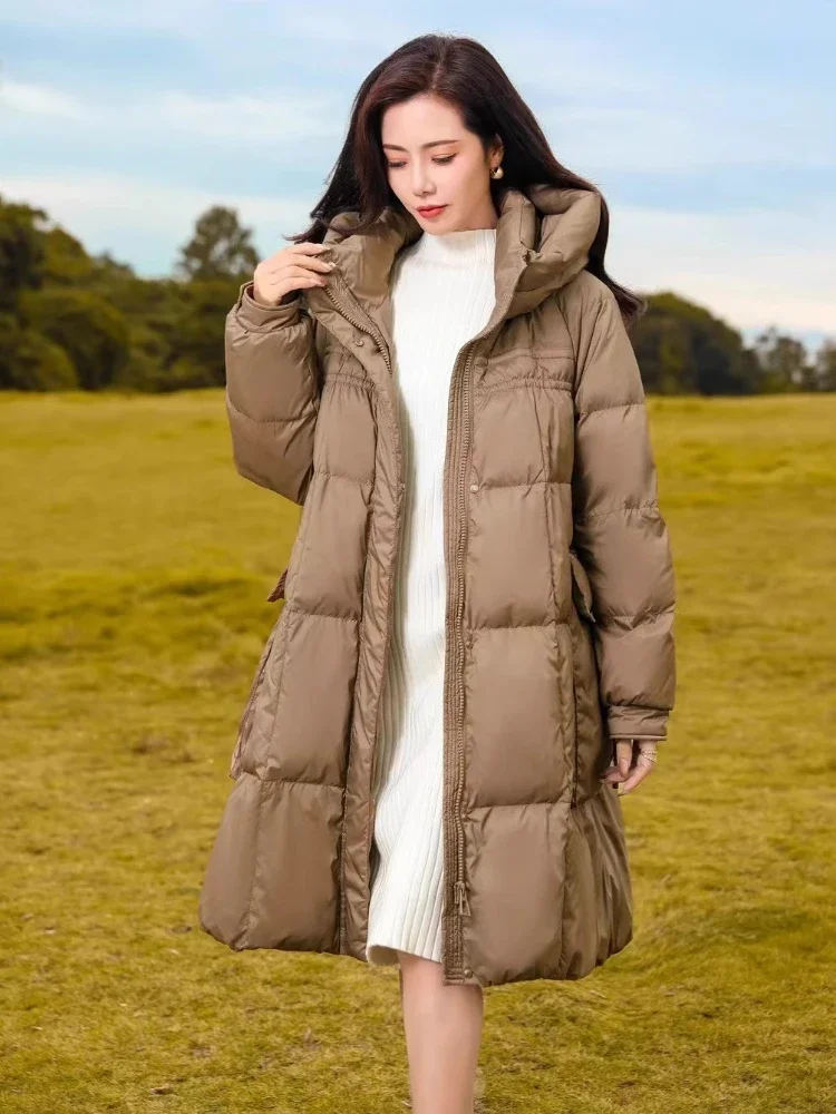 Chaqueta de plumón de pato blanco grueso para mujer, abrigo holgado con capucha de alta calidad, talla grande, línea A, elegante, para ir al trabajo, novedad de invierno