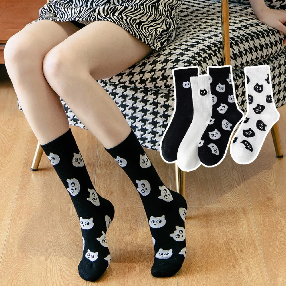 

4 Pairs of Cartoon Style Trendy Socks for Kittens, Pure Cotton Women's Cartoon Head, Street Casual Women's