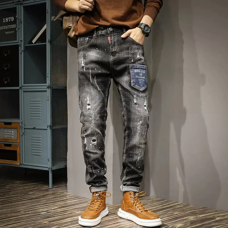 

Street Fashion Men Jeans Retro Black Gray Stretch Slim Fit Ripped Jeans Men Pocket Designer Painted Vintage Denim Pants Hombre