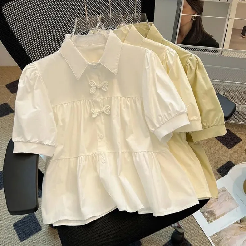 

New Chinese Style Short Sleeve Shirt Women Summer Puff Sleeve Blouse Loose Top