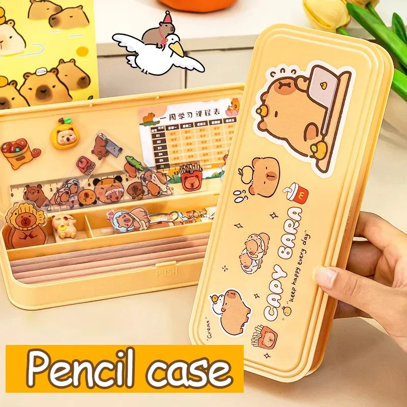 PP Plastic Pencil Case Kawaii Capibala Pencil Box Cartoon Hard Pen Box for Kids Office School Supplies Stationary Storage Cases