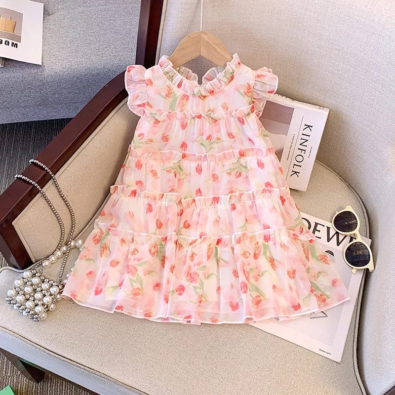 Summer New Pink Sweet and Cute Princess Dress for Girls Aged 2-7 Birthday Party Flower Printed Lace Bow Clothes