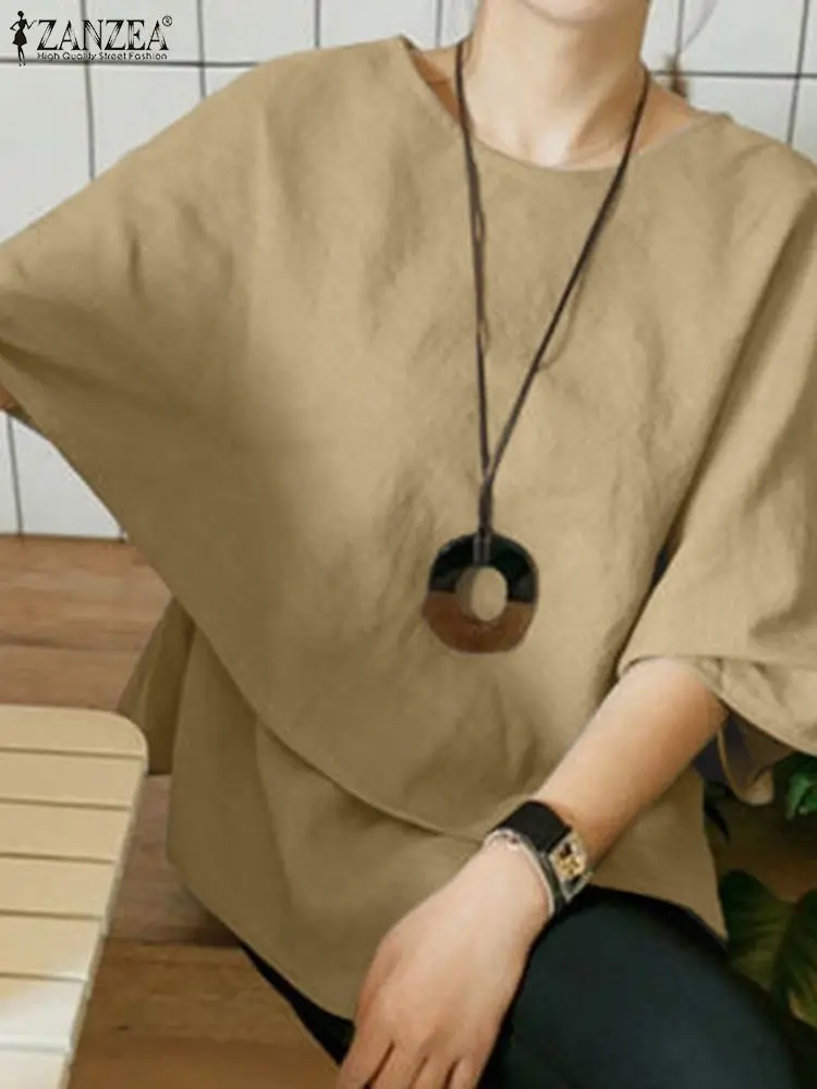 ZANZEA Damska bluzka z półrękawkiem Asymetryczna moda Jednokolorowe koszule retro 2024 Letnie topy Casual Luźna patchworkowa tunika