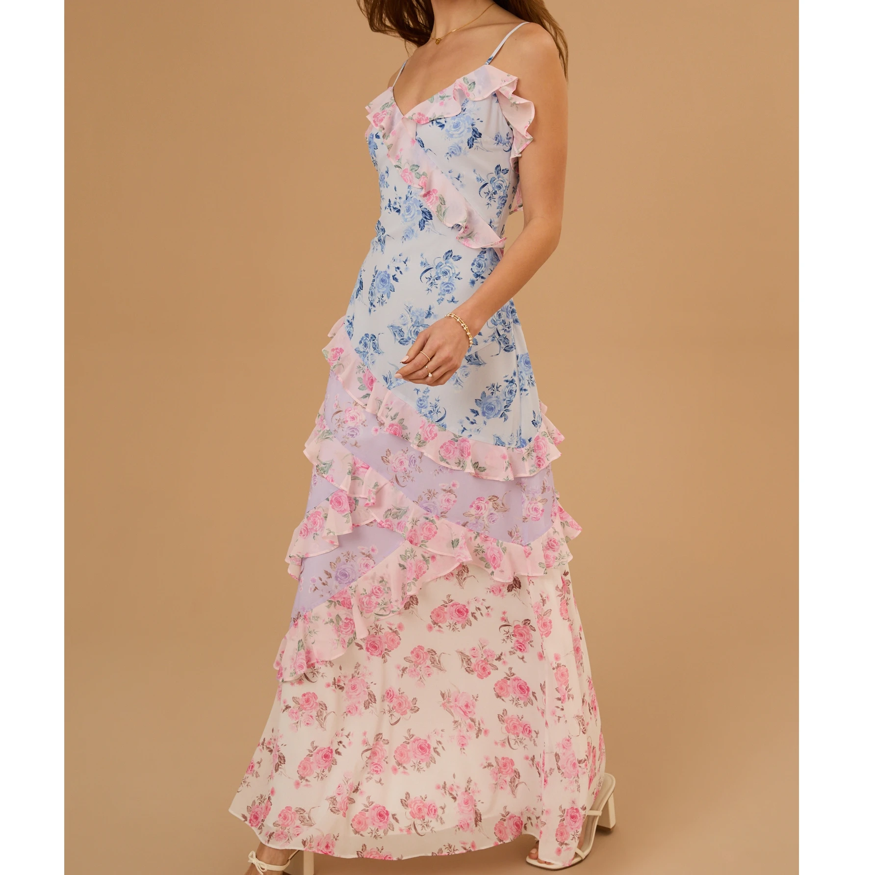 Abito elegante da donna con patchwork floreale, abito lungo con volant sottile, scollo a V, senza maniche, aperto sul retro, per party club