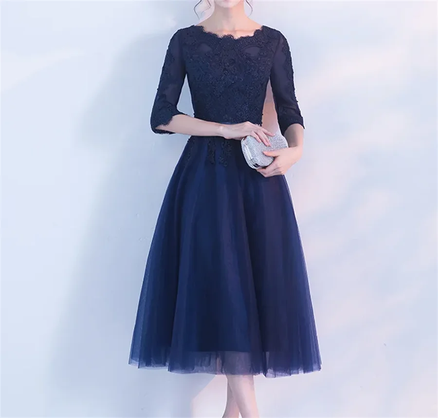 

Elegant Dark Navy Mother of the Bride Dress Three Quarter Sleeves Soft Tulle Tea Length mother of the bride dresses